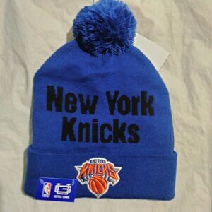 New York Knicks Adult Winter Pom Beanie Hat (One Size) Blue Ultra Game Blue Oran